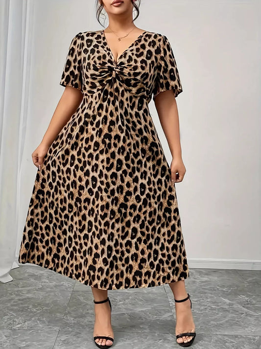 Plus Size Twisted Front Leopard Short Sleeve Dress