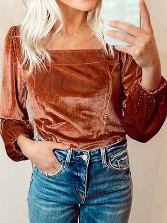 Velvet Ribbed Texture Square Neck Slim Puff Sleeve Top Caramel