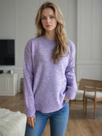 Round Neck Drop Shoulder Long Sleeve Sweater Lavender One Size