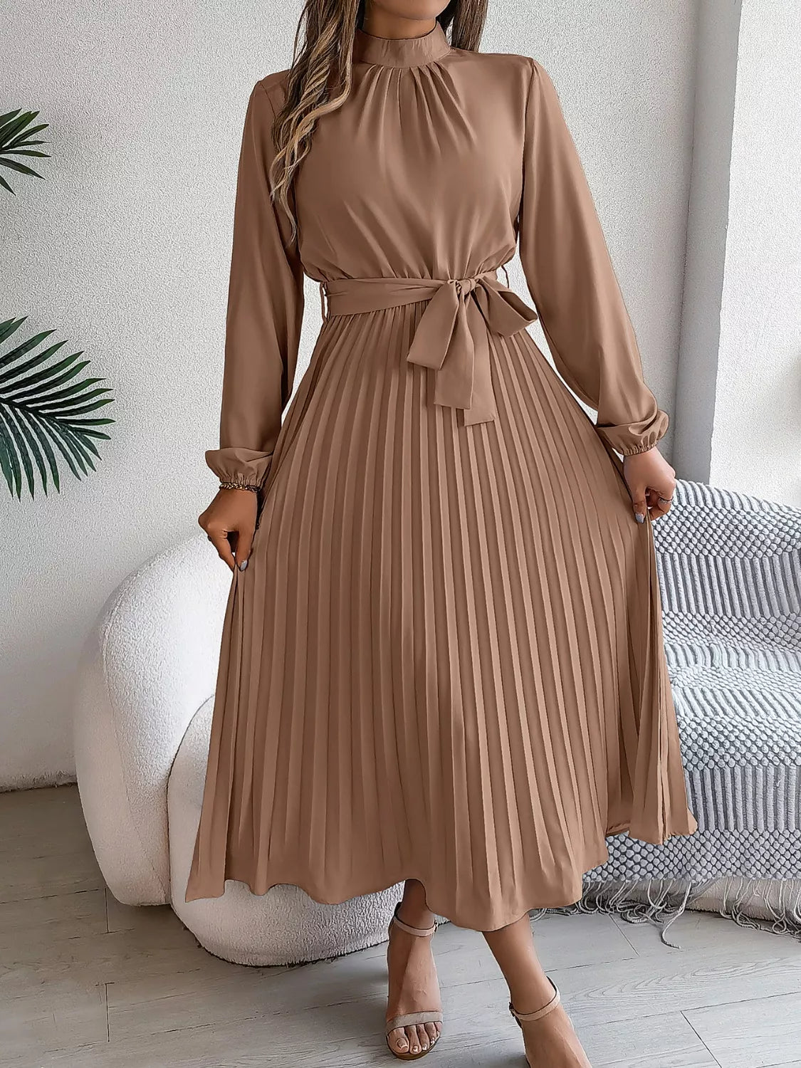 Mock Neck Pleated Midi Dress