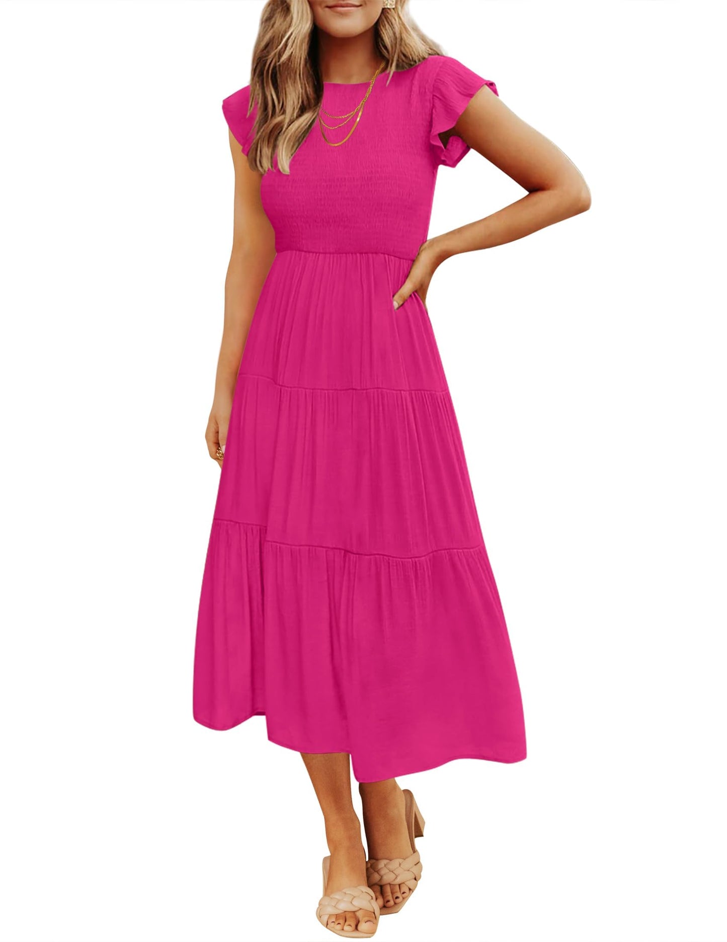 Blue Casual Dresses - Women's Summer Tiered Midi Dress - Flutter Sleeve Smocked Waist Rose