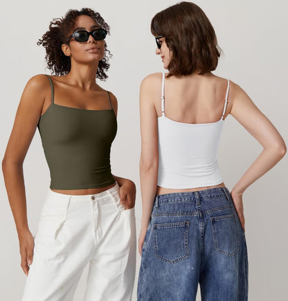 QINSEN Basic Tank Tops for Women Spaghetti Strap Double Lined Slim Fitted Camisole Going Out Tops White S
