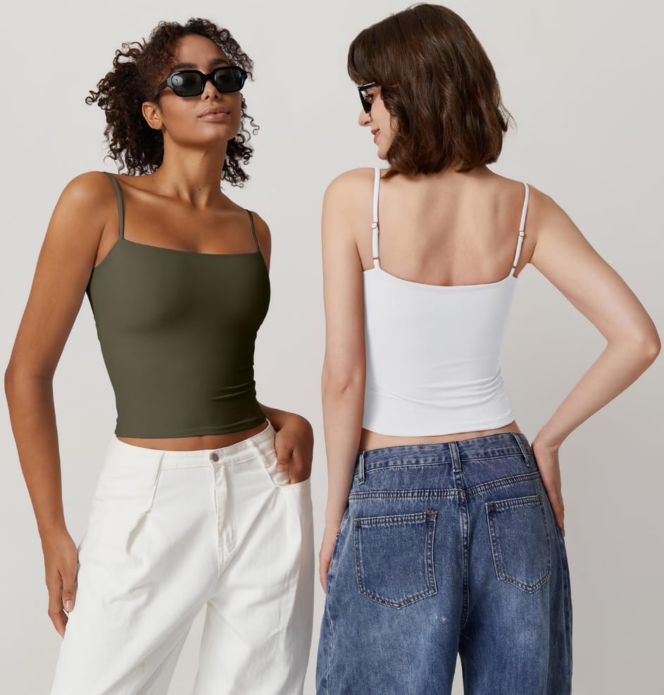 QINSEN Basic Tank Tops for Women Spaghetti Strap Double Lined Slim Fitted Camisole Going Out Tops White S
