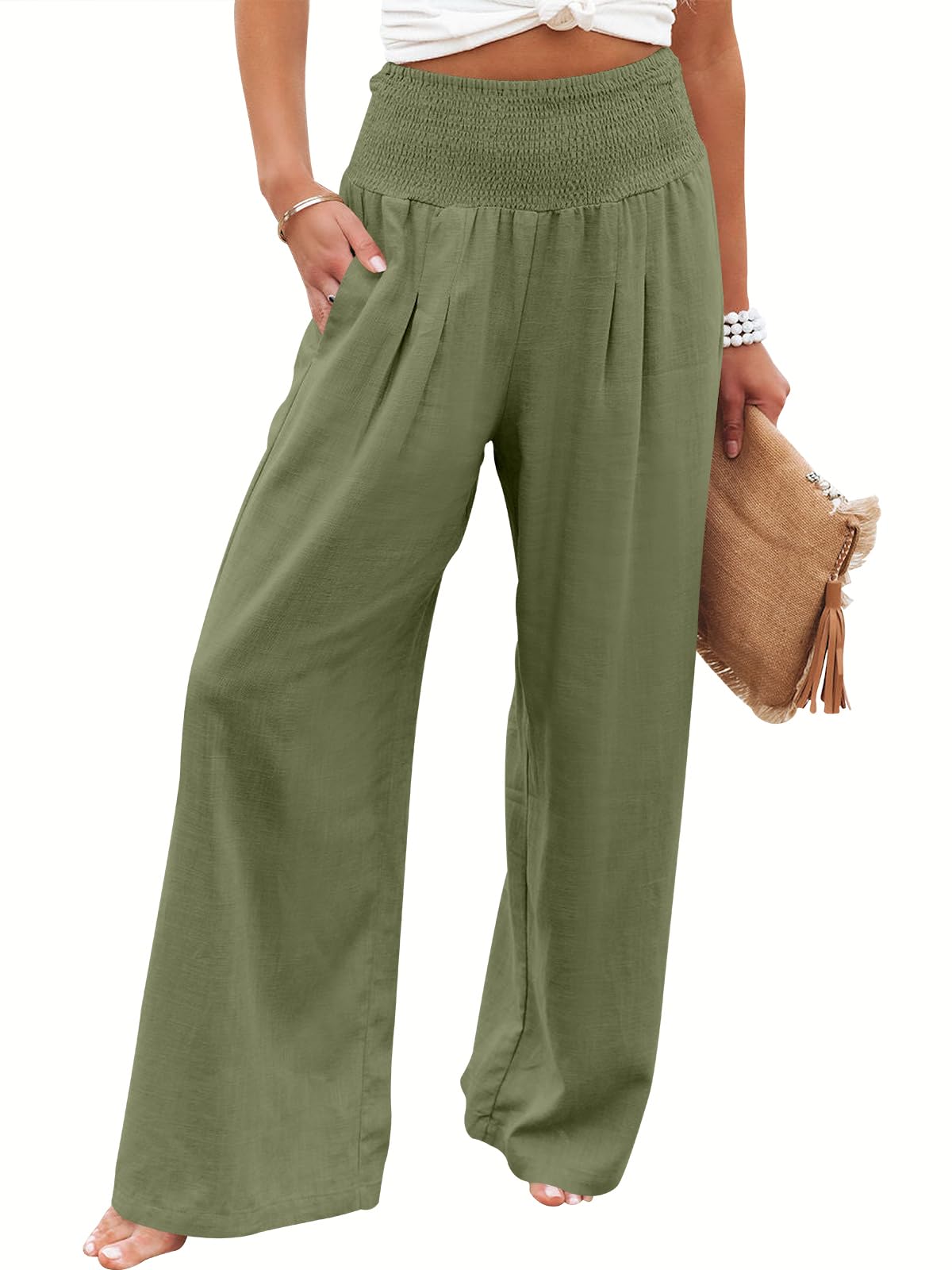 Linen Palazzo Pants Women Wide Leg High Waist Summer Boho Casual Lounge Pants