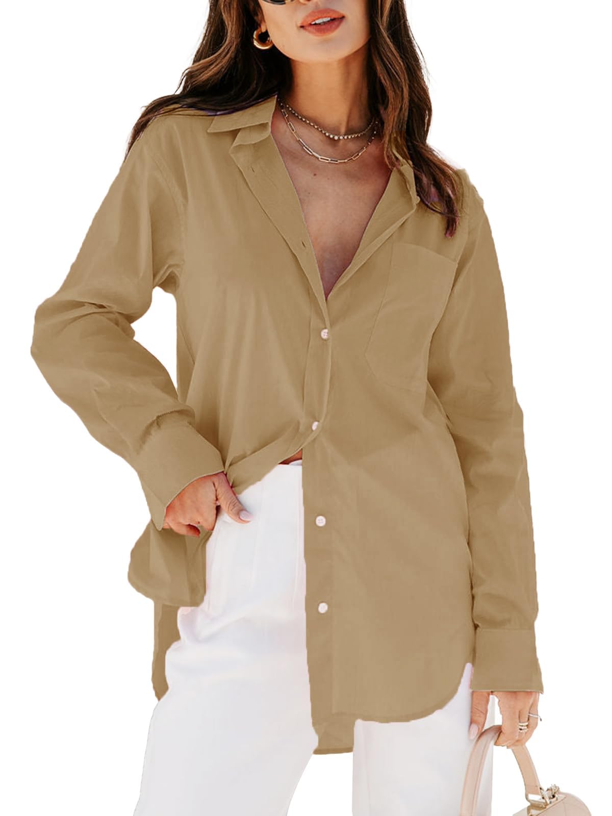 Women's Button Down Shirt - Long Sleeve V-Neck Blouse with Pockets