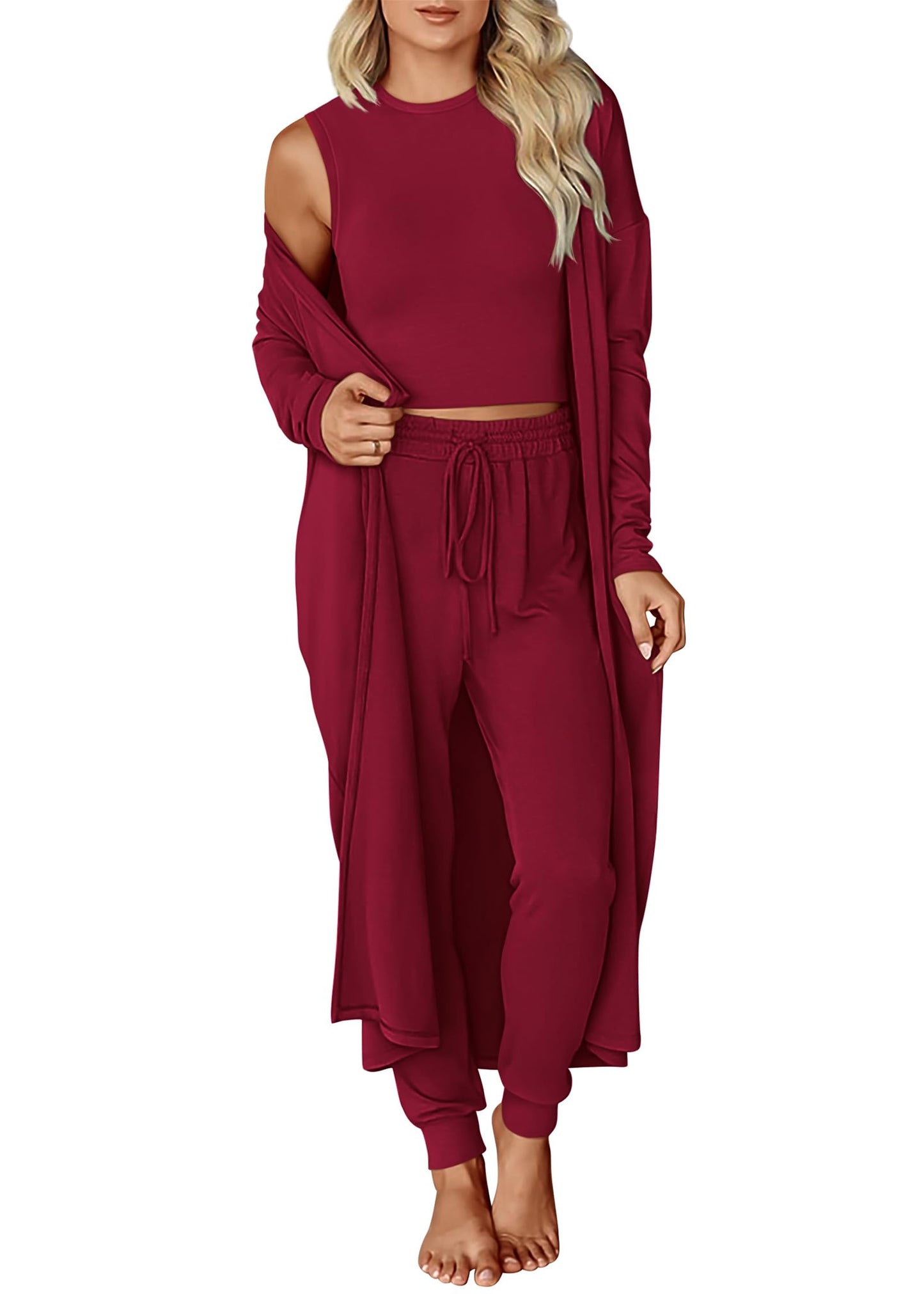 KIRUNDO 3 Piece Lounge Sets for Women Airport Travel Vacation Outfits 2025 Fall Cardigan Matching Sleeveless Top Jogger Pants