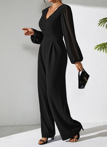 Pink Queen Jumpsuits for Women Dressy Patchwork Chiffon Sleeve V Neck Wide Leg Romper Holiday Party Outfits