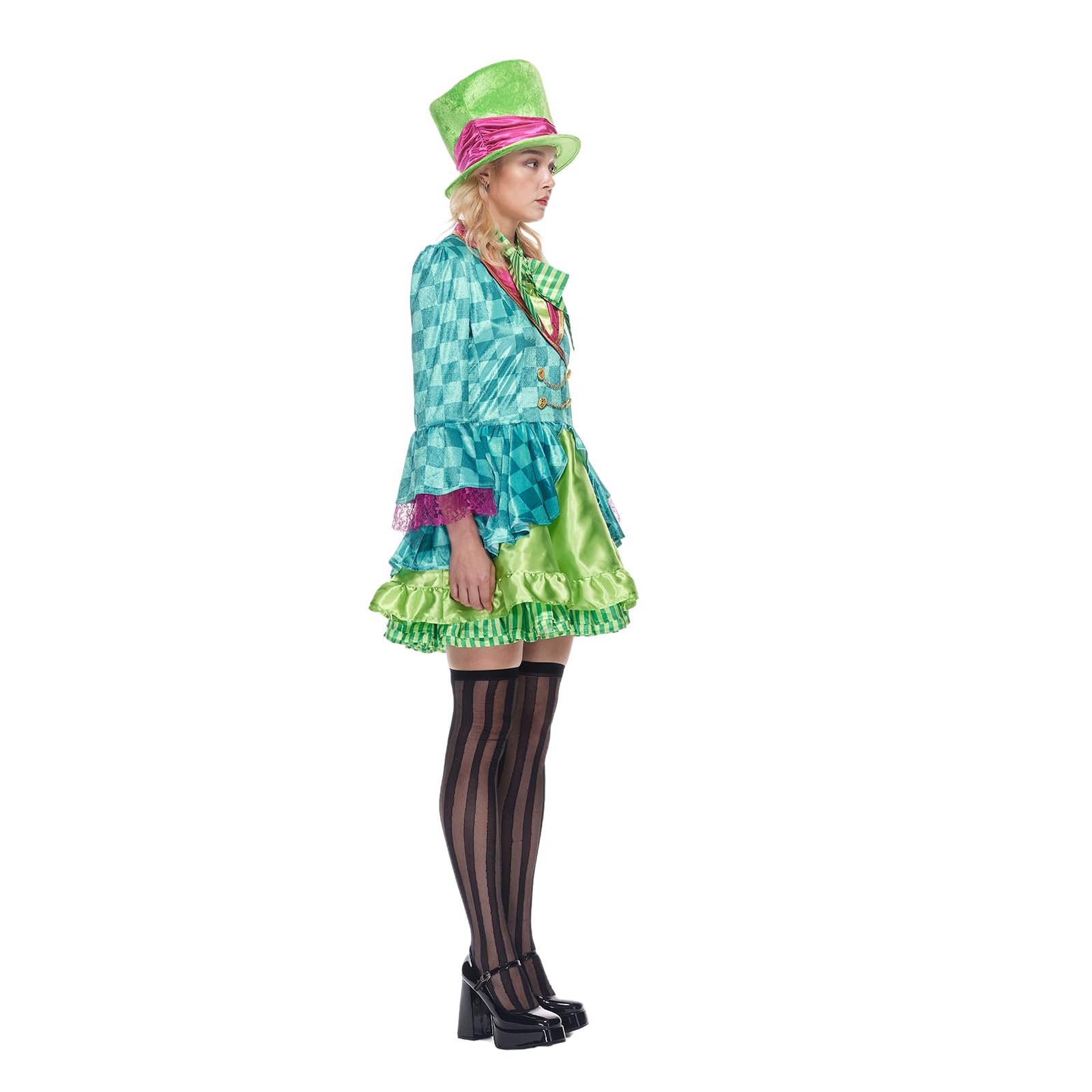 Women's Mad Hatter Costume - Green Dress with Top Hat and Bow Tie