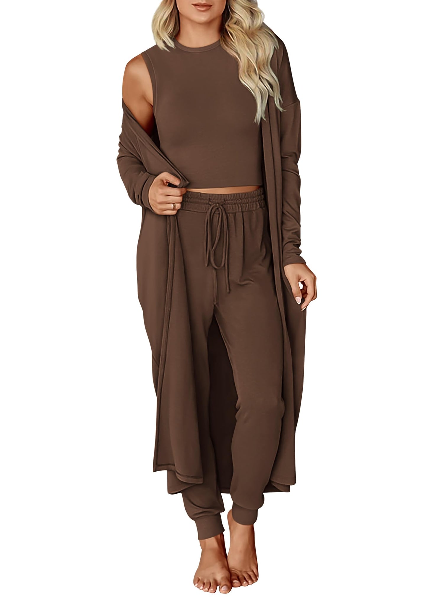 KIRUNDO 3 Piece Lounge Sets for Women Airport Travel Vacation Outfits 2025 Fall Cardigan Matching Sleeveless Top Jogger Pants
