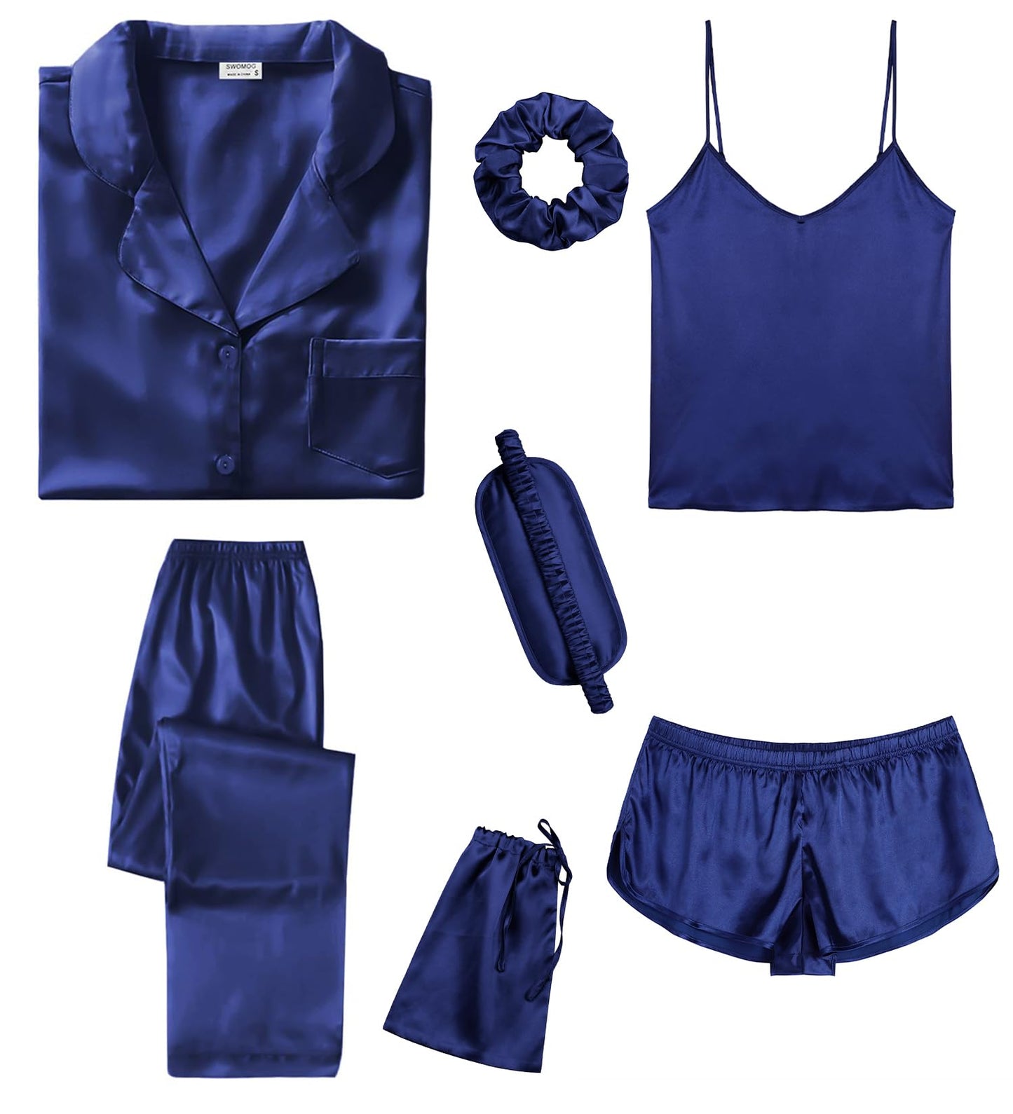 SWOMOG Womens Silk Satin Pajamas Sets 7pcs Sleepwear Sexy Cami Shorts Set and Button Down Short Sleeve Satin Pjs
