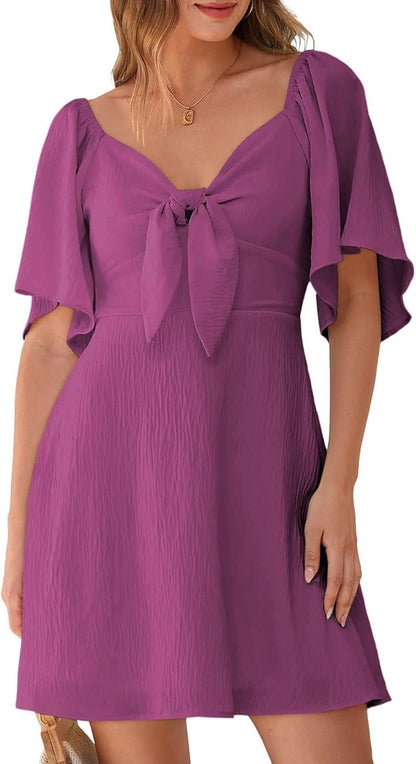 Women's Deep V-Neck Mini Dress with Bow Tie - Elegant Summer Fall Outfit Meadow Mauve