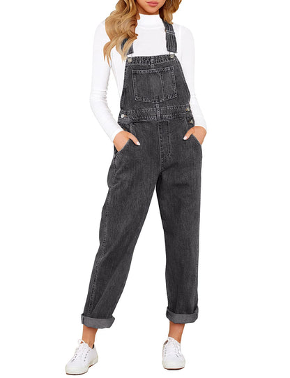 Denim Bib Overalls - Adjustable Loose Fit Jeans Jumpsuit for Women B Pebble Grey