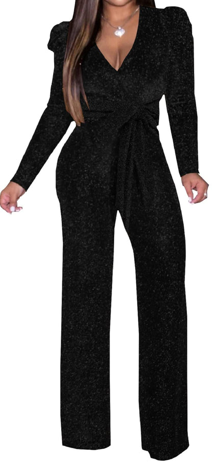 Women's Sparkly Jumpsuits Sexy Long Sleeve Cocktail Elegant Mock Neck Bodycon Straight Long Pants Rompers with Pockets