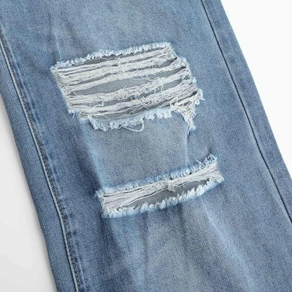 THUNDER STAR Womens High Waisted Wide Leg Jeans Stretchy Distressed Denim Pants Light Blue M