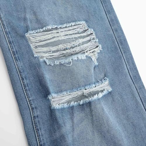 THUNDER STAR Womens High Waisted Wide Leg Jeans Stretchy Distressed Denim Pants Light Blue M