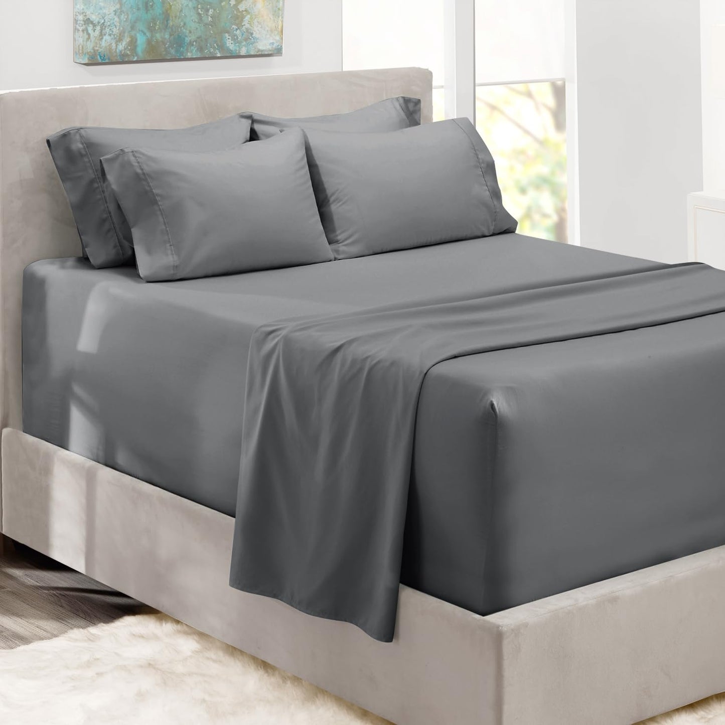 King Size Deep Pocket Sheet Set 6 Piece - Extra Deep Fitted Sheets 18-24 Inch Microfiber Linen Grey