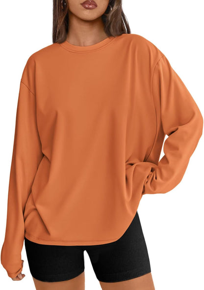 Women's Oversized Long Sleeve T-Shirt Casual Crewneck Basic Tee Orange