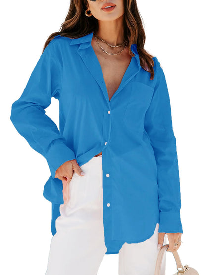 Women's Button Down Shirt - Long Sleeve V-Neck Blouse with Pockets