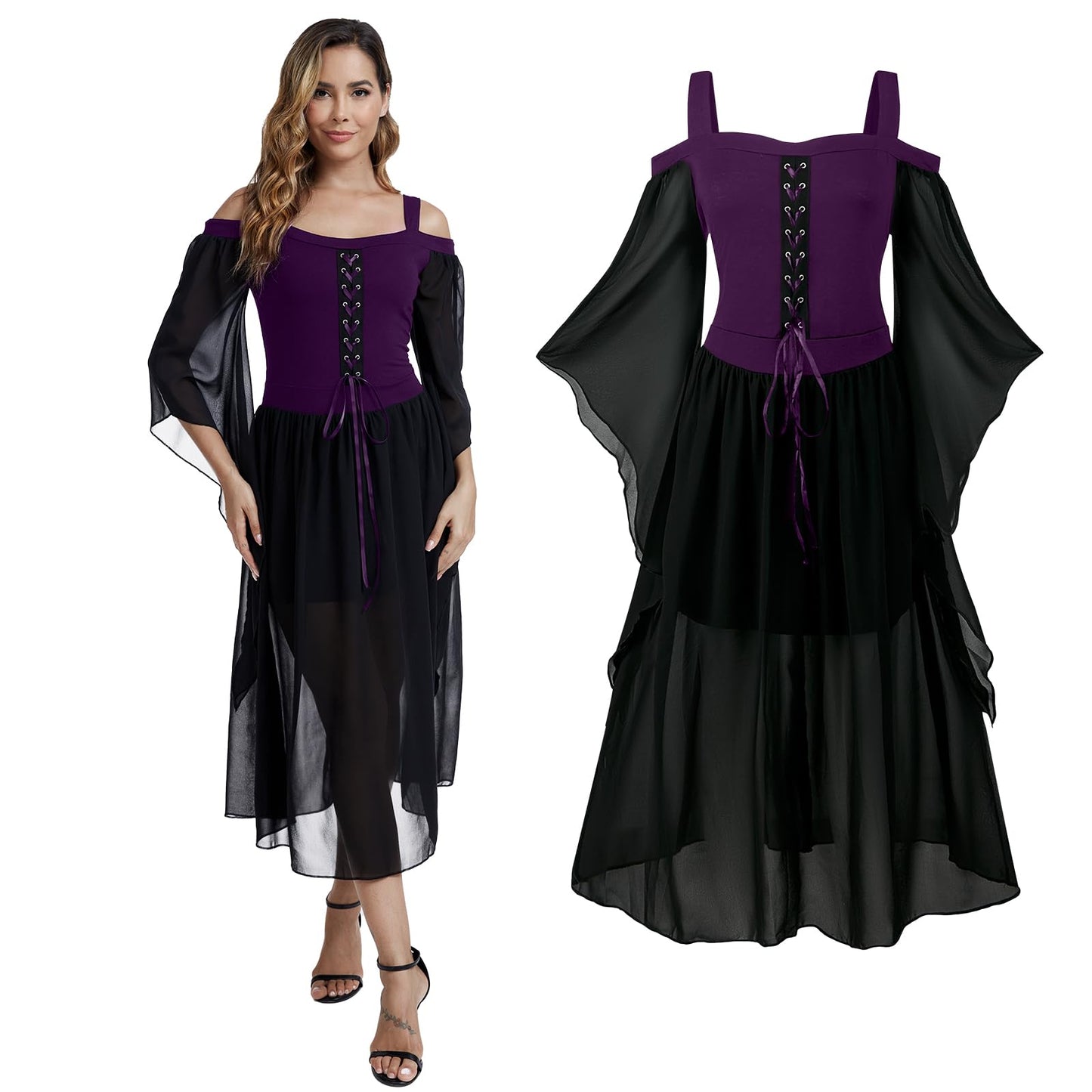 Medieval Costume Dress for Women - Renaissance Gothic Gown with Trumpet Sleeves