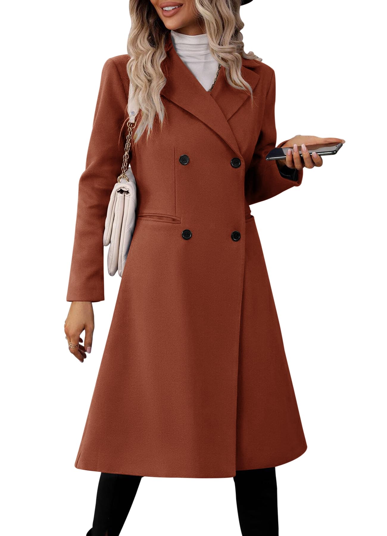 Danedvi Womens Long Double Breasted Coats Lapel Collar Pea Coat Winter Slim Fit Jackets Trench Coat Outwear