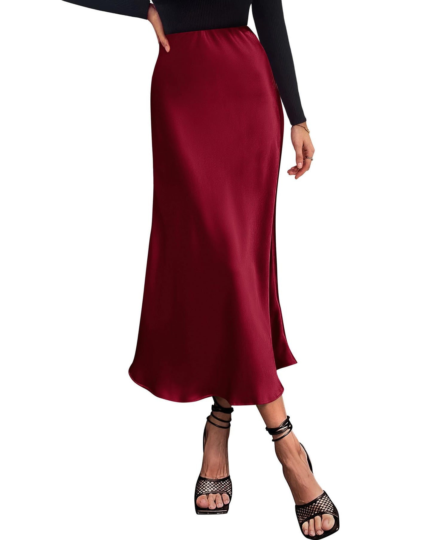 Women's High Waist Satin Midi Skirt - Elegant A-Line Flowy Party Wedding Skirt Wine Red