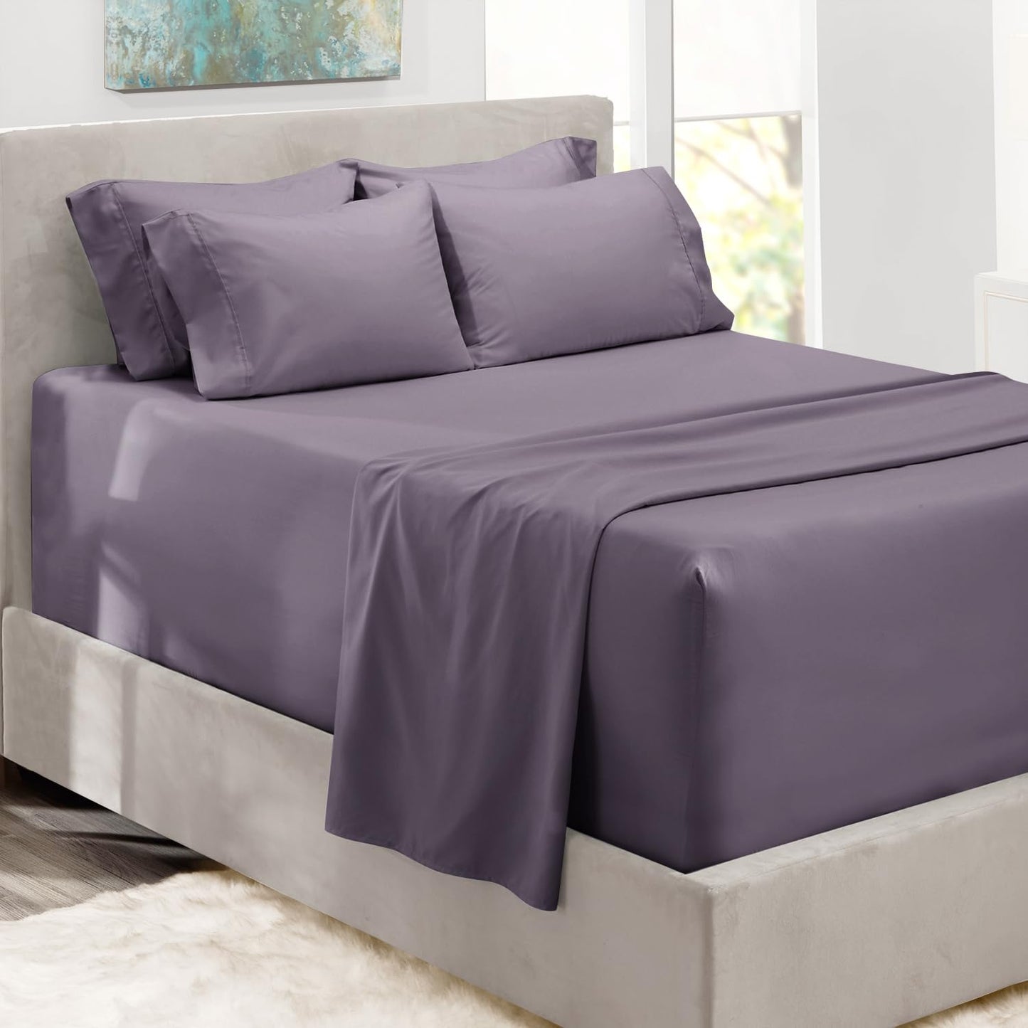King Size Deep Pocket Sheet Set 6 Piece - Extra Deep Fitted Sheets 18-24 Inch Microfiber Linen Grayish Purple