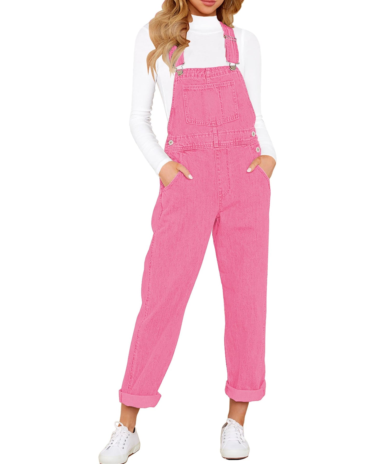 Denim Bib Overalls - Adjustable Loose Fit Jeans Jumpsuit for Women Candy Pink