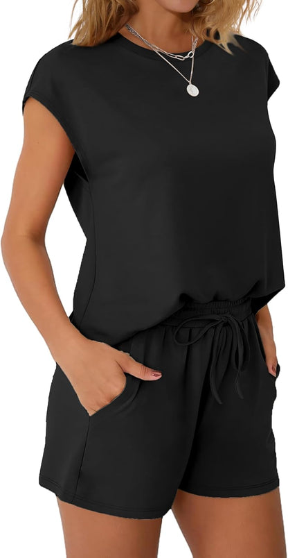 Women's 2 Piece Summer Lounge Set Crew Neck Short Sleeve Tracksuit