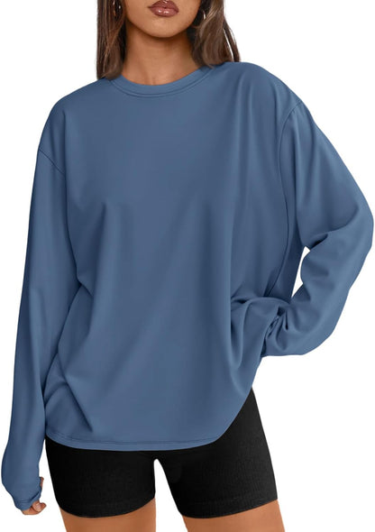 Women's Oversized Long Sleeve T-Shirt Casual Crewneck Basic Tee Small Hazeblue