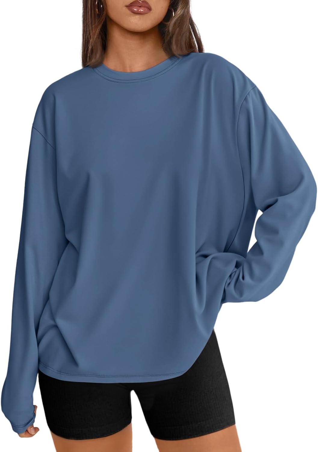 Women's Oversized Long Sleeve T-Shirt Casual Crewneck Basic Tee Small Hazeblue