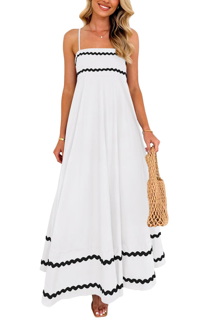 Blue Casual Dresses - Women's Sleeveless Spaghetti Strap Maxi Dress - Flowy Beach Ruffle White