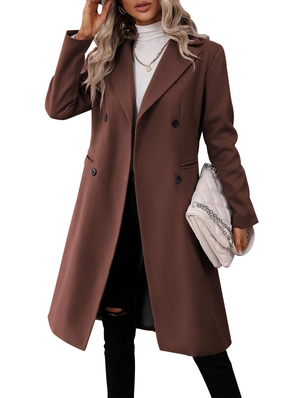 Danedvi Womens Long Double Breasted Coats Lapel Collar Pea Coat Winter Slim Fit Jackets Trench Coat Outwear