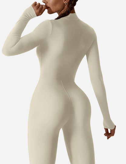 Women's Long Sleeve Workout Jumpsuit - Zip Up Bodycon Romper One Piece
