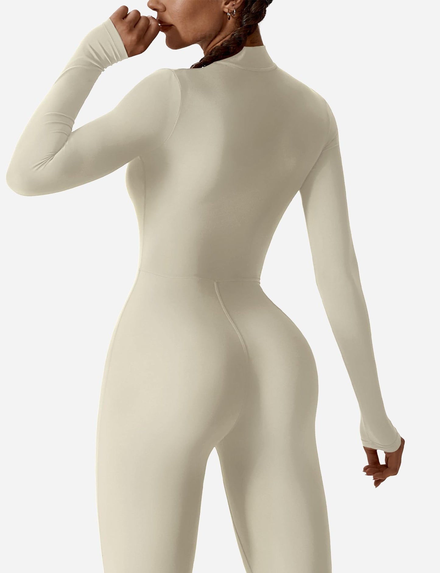 Women's Long Sleeve Workout Jumpsuit - Zip Up Bodycon Romper One Piece