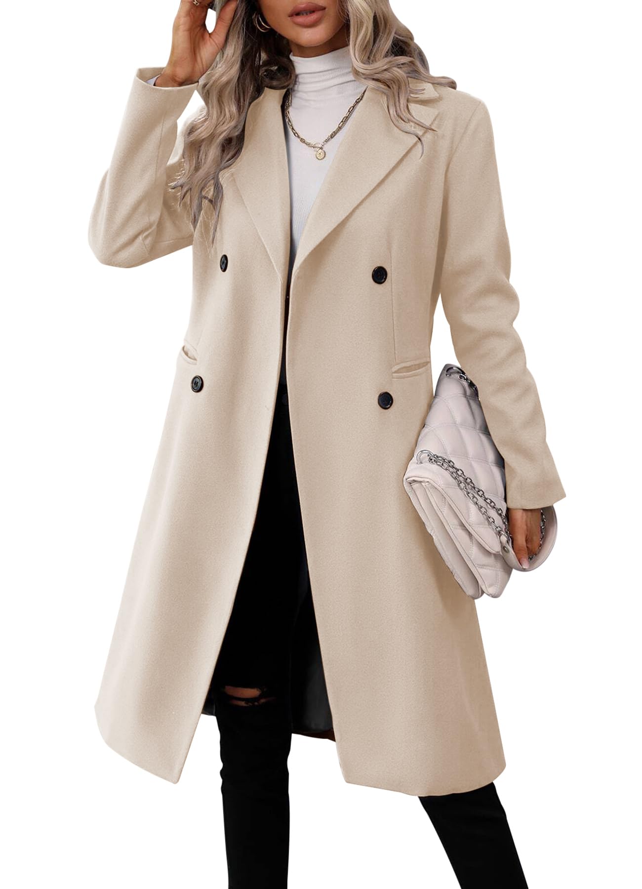 Danedvi Womens Long Double Breasted Coats Lapel Collar Pea Coat Winter Slim Fit Jackets Trench Coat Outwear