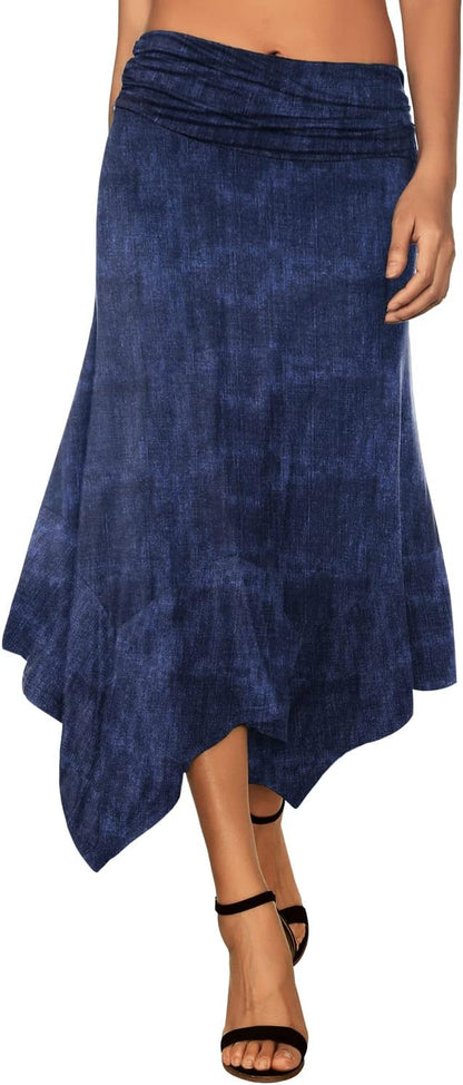 Women's Flowy Handkerchief Hemline Midi Skirt - Elastic Waist Asymmetrical Hem