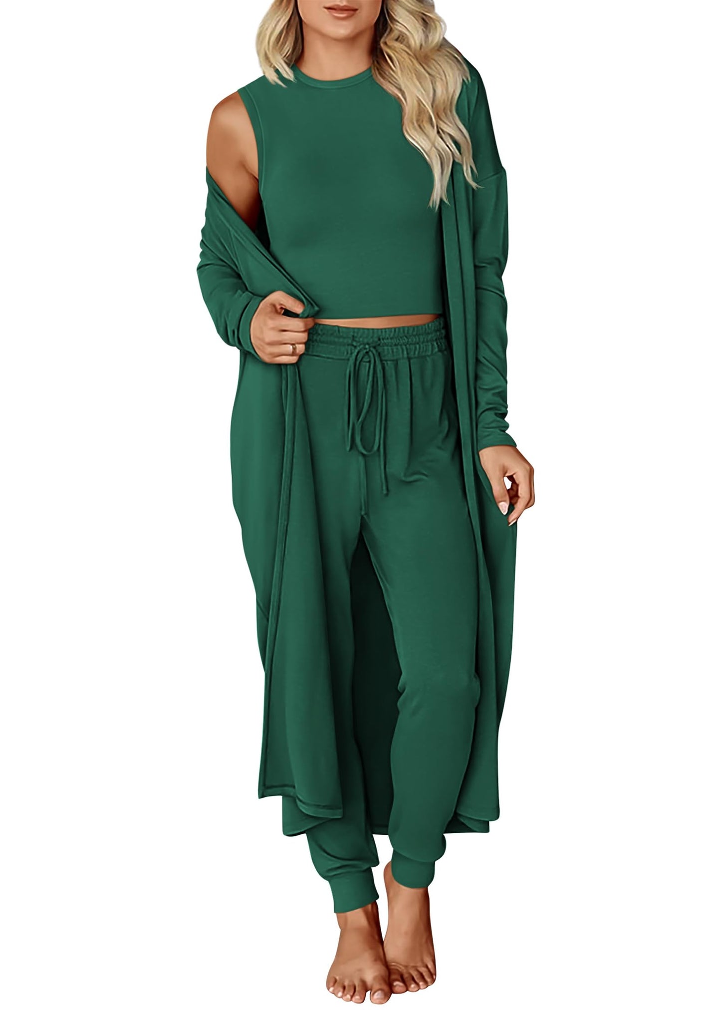 KIRUNDO 3 Piece Lounge Sets for Women Airport Travel Vacation Outfits 2025 Fall Cardigan Matching Sleeveless Top Jogger Pants