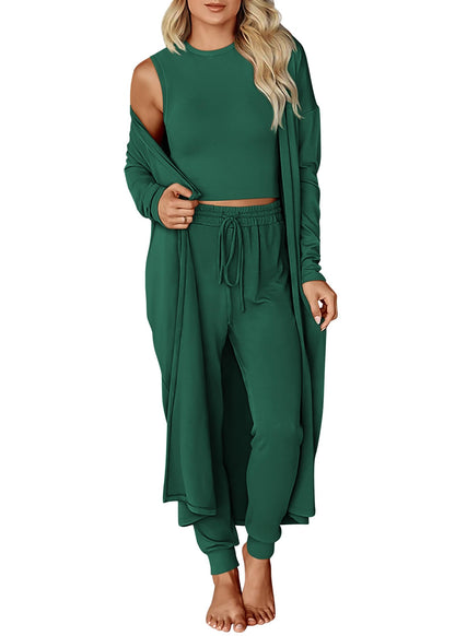 KIRUNDO 3 Piece Lounge Sets for Women Airport Travel Vacation Outfits 2025 Fall Cardigan Matching Sleeveless Top Jogger Pants