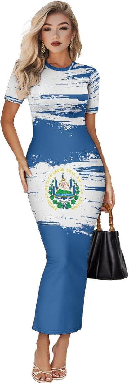 Women's Jamaican Flag Bodycon Midi Dress Short Sleeve El Salvador Flag