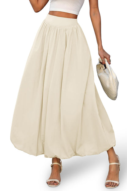 Bubble Skirt with Pockets - Elastic Waist Y2K A-Line Long Skirt for Women Cream Apricot