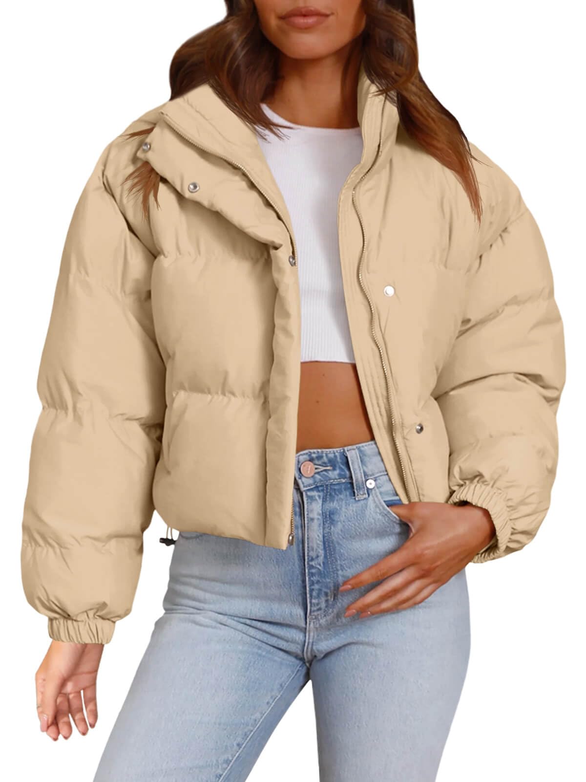 Imily Bela Womens Cropped Puffer Jackets Long Sleeve Stand Collar Coats Quilted Zipper Outerwear