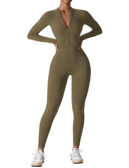 Women's Long Sleeve Workout Jumpsuit - Zip Up Bodycon Romper One Piece Army Green