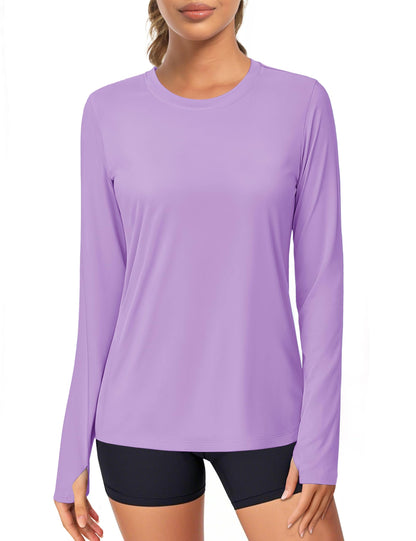 Women's UPF 80+ Long Sleeve Rash Guard - Quick Dry Athletic Shirt with Thumb Holes Light Purple