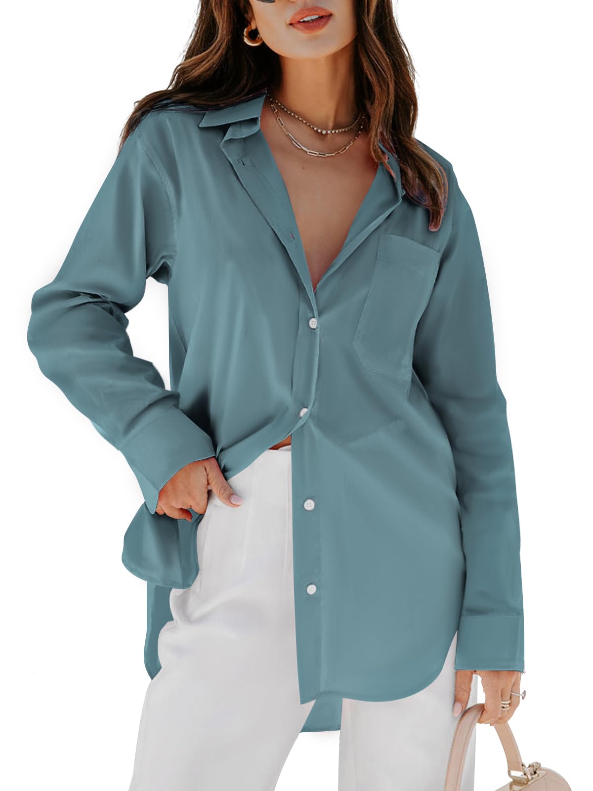 Women's Button Down Shirt - Long Sleeve V-Neck Blouse with Pockets