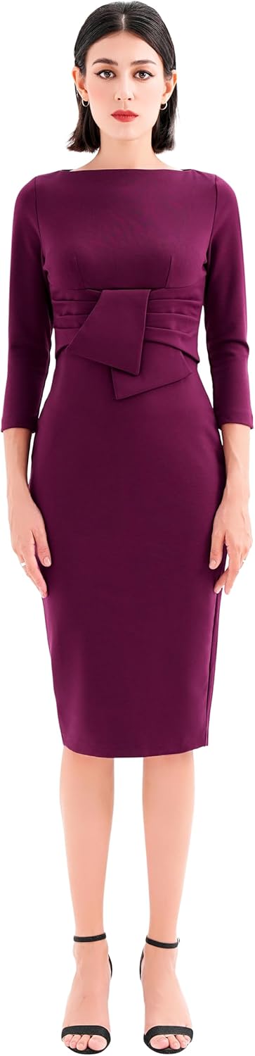 Work Office Business Dress - Square Neck Sheath Midi Dress with Long Sleeves