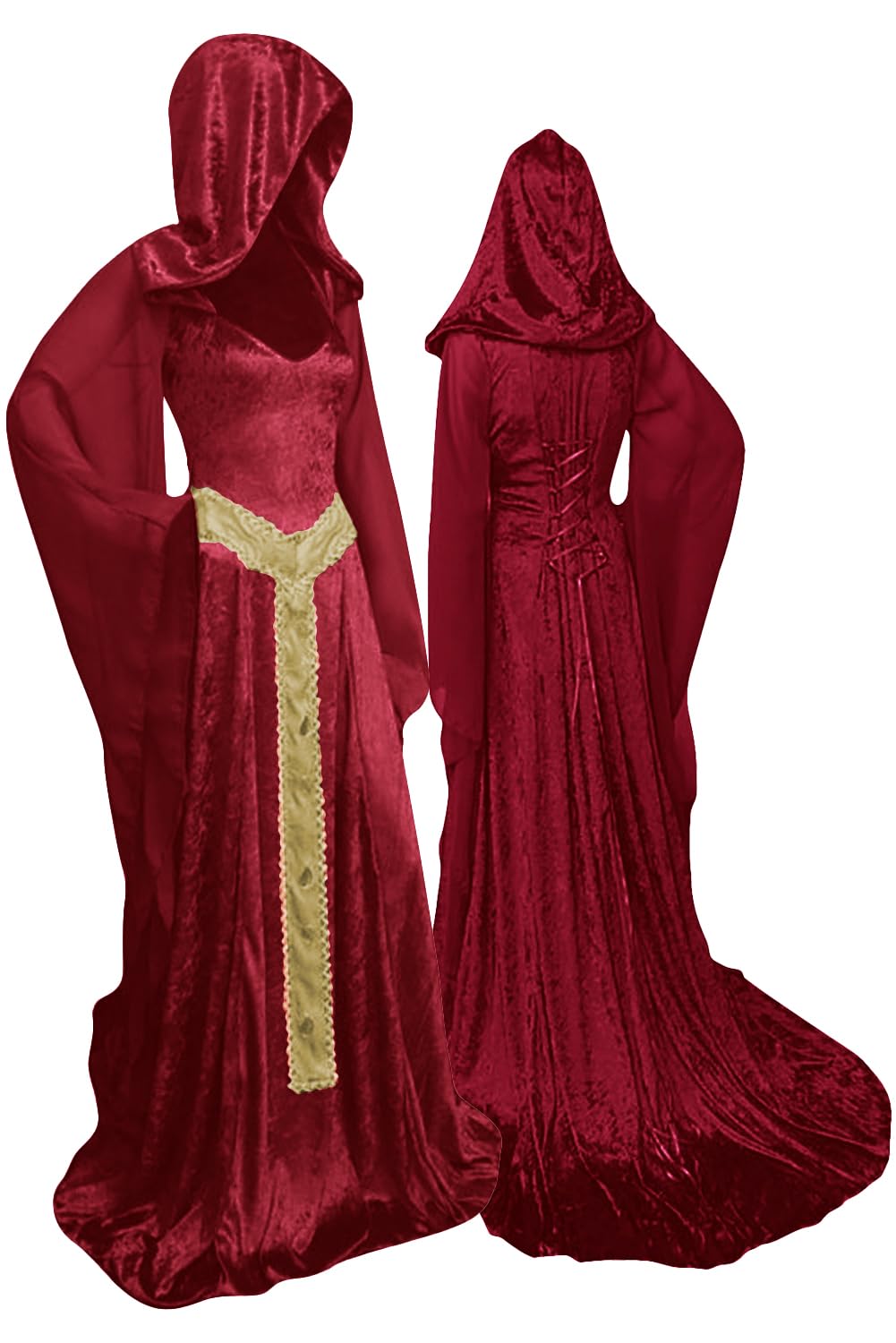 Women's Medieval Hooded Cloak - Vintage Lace-up Long Dress Costume Red