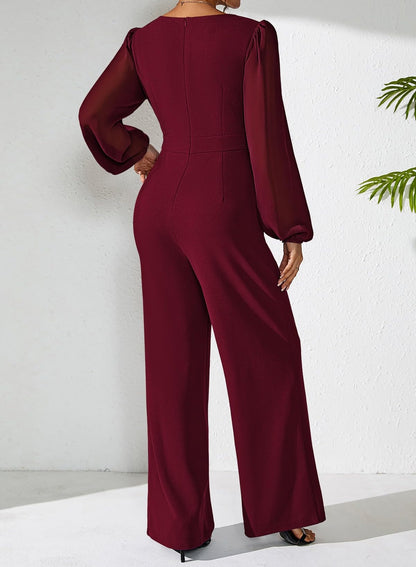Pink Queen Jumpsuits for Women Dressy Patchwork Chiffon Sleeve V Neck Wide Leg Romper Holiday Party Outfits