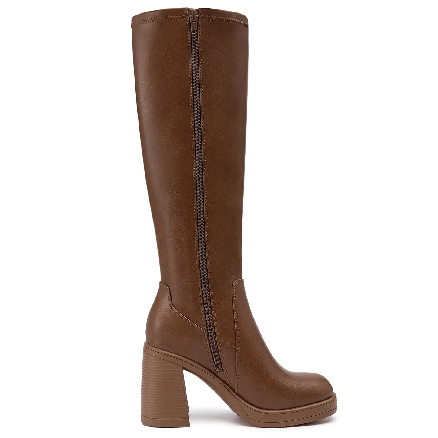 Athlefit Knee High Boots Women Chunky Platform High Heel Tall Boots Square Toe Fashion Dress Stretch Long Heeled Booties Tan Size 7.5