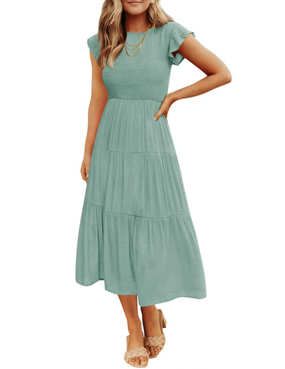 Blue Casual Dresses - Women's Summer Tiered Midi Dress - Flutter Sleeve Smocked Waist Sage