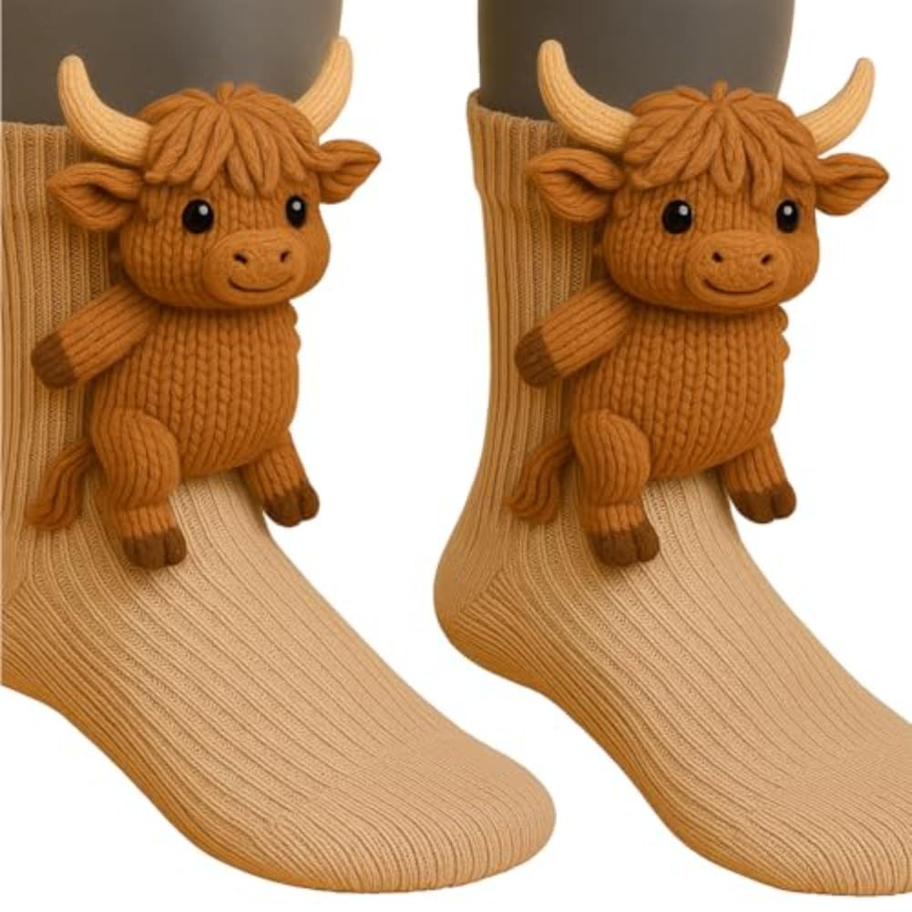 Cute Animal Socks for Women - Plush Long Stocking Socks with 3D Designs Highland Cow